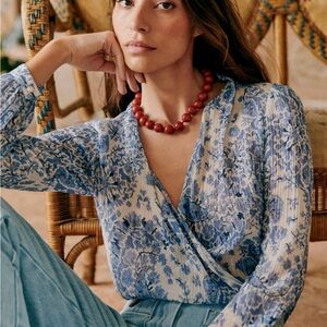 Sezane Abelia Wrap Blouse with Long Sleeves in Alcazar Blue